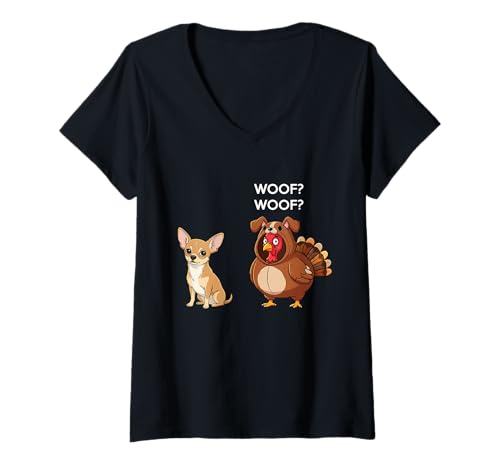 Damen Funny Thanksgiving Chihuahua and Turkey T-Shirt mit V-Ausschnitt Damen Funny Thanksgiving Chihuahua and Turkey T-Shirt mit V-Ausschnitt von Funny Thanksgiving Party Dog Designs