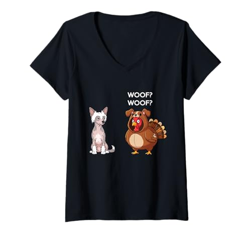 Damen Funny Thanksgiving Chinese Crested and Turkey T-Shirt mit V-Ausschnitt Damen Funny Thanksgiving Chinese Crested and Turkey T-Shirt mit V-Ausschnitt von Funny Thanksgiving Party Dog Designs