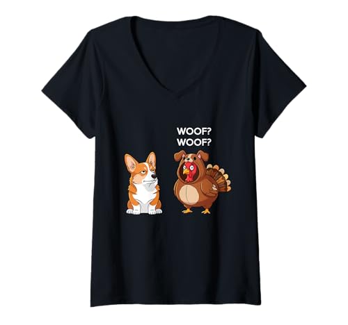 Damen Funny Thanksgiving Corgi and Turkey T-Shirt mit V-Ausschnitt Damen Funny Thanksgiving Corgi and Turkey T-Shirt mit V-Ausschnitt von Funny Thanksgiving Party Dog Designs