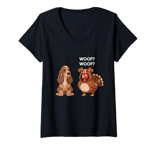 Damen Funny Thanksgiving English Cocker Spaniel and Turkey T-Shirt mit V-Ausschnitt Damen Funny Thanksgiving English Cocker Spaniel and Turkey T-Shirt mit V-Ausschnitt von Funny Thanksgiving Party Dog Designs