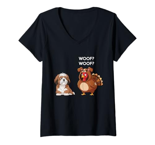 Damen Funny Thanksgiving Lhasa Apso and Turkey T-Shirt mit V-Ausschnitt Damen Funny Thanksgiving Lhasa Apso and Turkey T-Shirt mit V-Ausschnitt von Funny Thanksgiving Party Dog Designs
