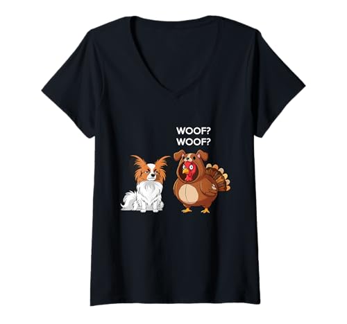 Damen Funny Thanksgiving Papillon and Turkey T-Shirt mit V-Ausschnitt Damen Funny Thanksgiving Papillon and Turkey T-Shirt mit V-Ausschnitt von Funny Thanksgiving Party Dog Designs