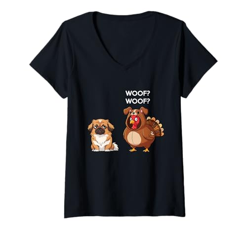 Damen Funny Thanksgiving Pekingese and Turkey T-Shirt mit V-Ausschnitt Damen Funny Thanksgiving Pekingese and Turkey T-Shirt mit V-Ausschnitt von Funny Thanksgiving Party Dog Designs