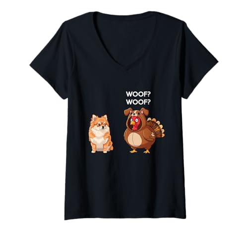 Damen Funny Thanksgiving Pomeranian and Turkey T-Shirt mit V-Ausschnitt Damen Funny Thanksgiving Pomeranian and Turkey T-Shirt mit V-Ausschnitt von Funny Thanksgiving Party Dog Designs