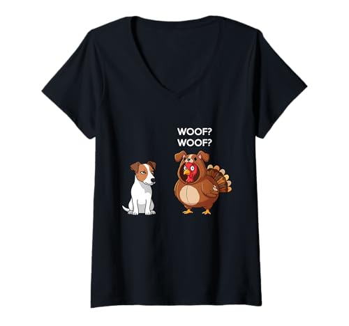 Damen Funny Thanksgiving Russell Terrier and Turkey T-Shirt mit V-Ausschnitt Damen Funny Thanksgiving Russell Terrier and Turkey T-Shirt mit V-Ausschnitt von Funny Thanksgiving Party Dog Designs