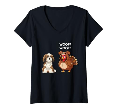 Damen Funny Thanksgiving Shih Tzu and Turkey T-Shirt mit V-Ausschnitt Damen Funny Thanksgiving Shih Tzu and Turkey T-Shirt mit V-Ausschnitt von Funny Thanksgiving Party Dog Designs