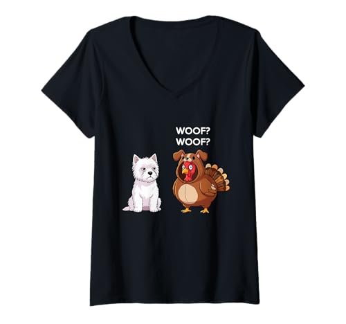 Damen Funny Thanksgiving West Highland White Terrier and Turkey T-Shirt mit V-Ausschnitt Damen Funny Thanksgiving West Highland White Terrier and Turkey T-Shirt mit V-Ausschnitt von Funny Thanksgiving Party Dog Designs