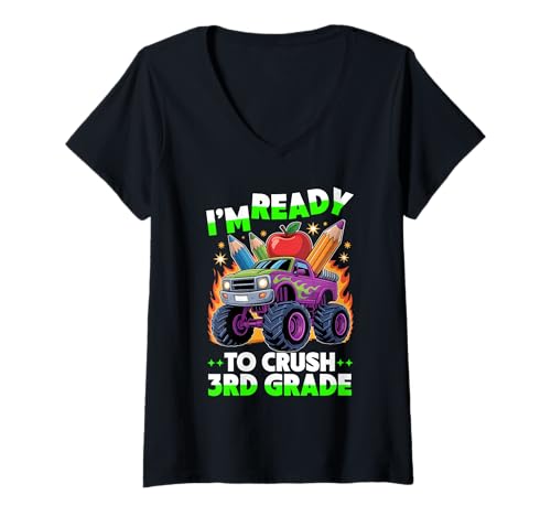Damen Bereit, den Monster Truck vom Schulanfang der 3. Klasse zu vernichten T-Shirt mit V-Ausschnitt Damen Bereit, den Monster Truck vom Schulanfang der 3. Klasse zu vernichten T-Shirt mit V-Ausschnitt von Funny Third Grade Monster Truck Crush Crew 2025