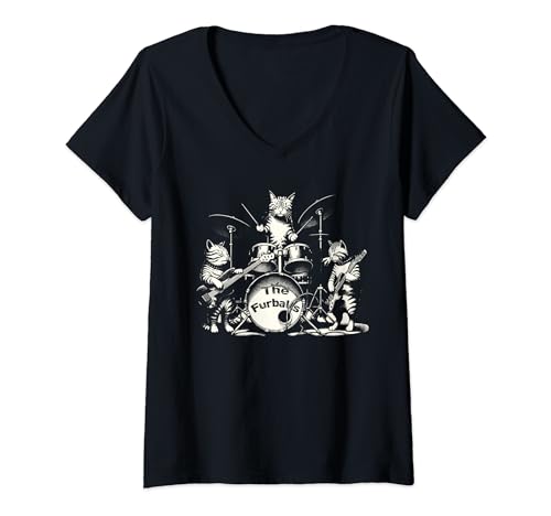 Damen Funny Cat Kitties Band Rock Heavy Metal-Musik T-Shirt mit V-Ausschnitt Damen Funny Cat Kitties Band Rock Heavy Metal-Musik T-Shirt mit V-Ausschnitt von Funny Thrifts
