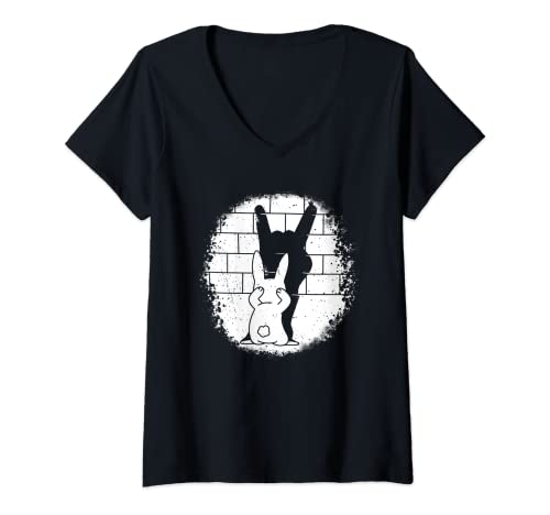 Damen Hasenpuppe Shadow Rock auf Heavy Metal Teufelshörner Musik T-Shirt mit V-Ausschnitt Damen Hasenpuppe Shadow Rock auf Heavy Metal Teufelshörner Musik T-Shirt mit V-Ausschnitt von Funny Thrifts