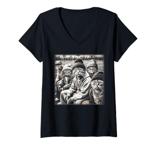 Damen Lustiges Gangster-Meme aus den 90er Jahren von Gang of Feral Street Cats T-Shirt mit V-Ausschnitt Damen Lustiges Gangster-Meme aus den 90er Jahren von Gang of Feral Street Cats T-Shirt mit V-Ausschnitt von Funny Thrifts