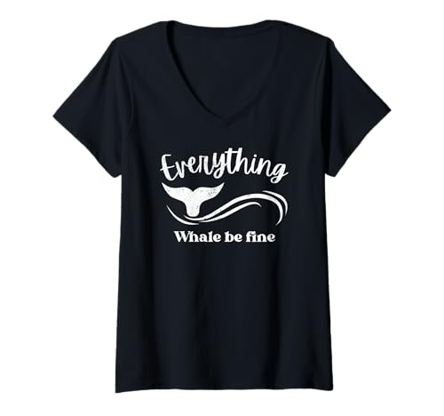 Damen Lustiges Wortspiel Everything Whale Be Fine Vintage T-Shirt mit V-Ausschnitt Damen Lustiges Wortspiel Everything Whale Be Fine Vintage T-Shirt mit V-Ausschnitt von Funny Thrifts