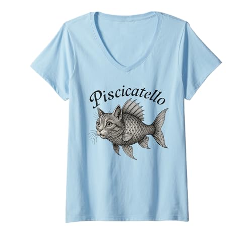 Damen Piscicatello Katzenfisch Hybrid Italian Brainrot Meme Funny T-Shirt mit V-Ausschnitt Damen Piscicatello Katzenfisch Hybrid Italian Brainrot Meme Funny T-Shirt mit V-Ausschnitt von Funny Thrifts