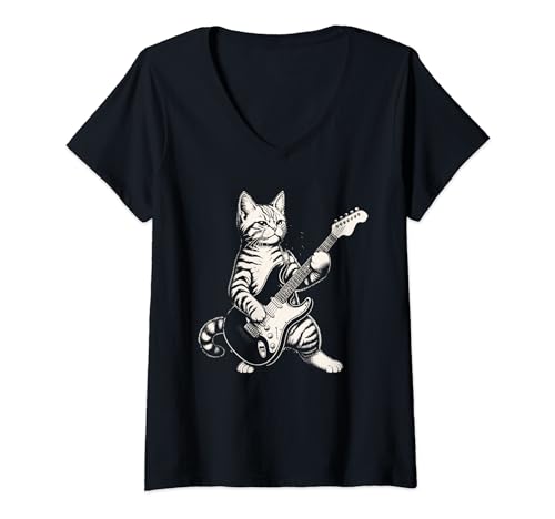 Damen Rock N Roll Cat Kitty Gitarrist Heavy-Metal-Musik T-Shirt mit V-Ausschnitt Damen Rock N Roll Cat Kitty Gitarrist Heavy-Metal-Musik T-Shirt mit V-Ausschnitt von Funny Thrifts