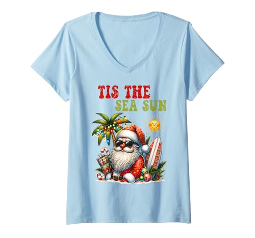 Damen Lustiger Weihnachtsmann ist Meer und Sonne, Weihnachten, Sommerliebhaber, Strand T-Shirt mit V-Ausschnitt Damen Lustiger Weihnachtsmann ist Meer und Sonne, Weihnachten, Sommerliebhaber, Strand T-Shirt mit V-Ausschnitt von Funny Tis the Sea-Sun Summer Christmas