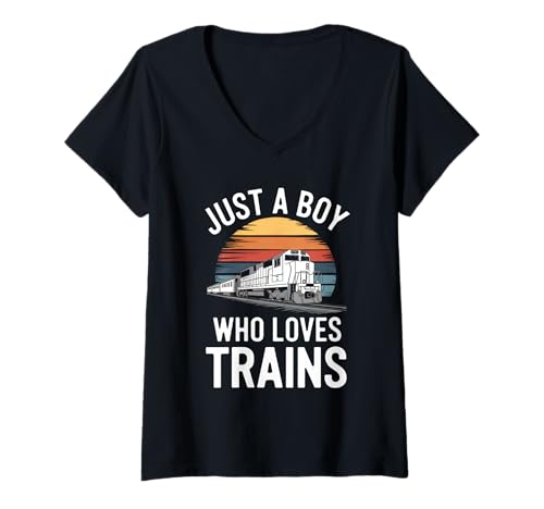 Damen Just A Boy Who Loves Trains Lokomotive Railfan Vintage Train T-Shirt mit V-Ausschnitt Damen Just A Boy Who Loves Trains Lokomotive Railfan Vintage Train T-Shirt mit V-Ausschnitt von Funny Train Apparel for Men Women