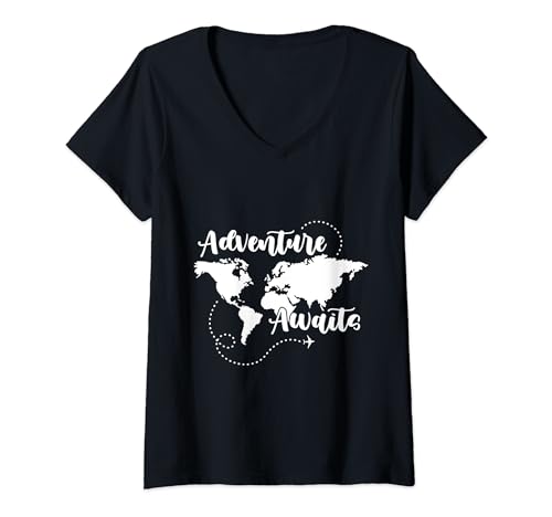 Damen Adventure Awaits Lustige Reisegrafik T-Shirt mit V-Ausschnitt Damen Adventure Awaits Lustige Reisegrafik T-Shirt mit V-Ausschnitt von Funny Travel Graphic M23T Adventure Awaits Funn