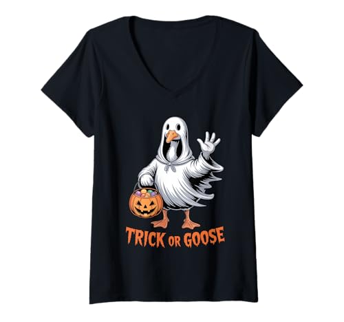 Damen Trick or Goose Lustiges Halloween-Kostüm Gruselige Jahreszeit Urlaub T-Shirt mit V-Ausschnitt Damen Trick or Goose Lustiges Halloween-Kostüm Gruselige Jahreszeit Urlaub T-Shirt mit V-Ausschnitt von Funny Trick or Goose Halloween Costume Women Men