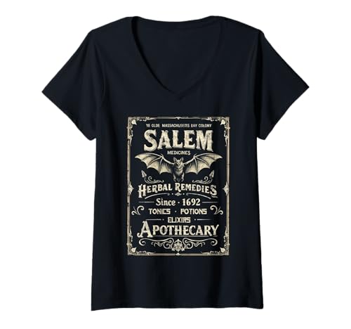 Damen Vintage Salem 1692 Medicines Apotheker Lustiges Halloween-T-Shirt T-Shirt mit V-Ausschnitt Damen Vintage Salem 1692 Medicines Apotheker Lustiges Halloween-T-Shirt T-Shirt mit V-Ausschnitt von Funny Trick or Treat Halloween Party Costume Tee