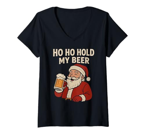 Damen Lustiger tropischer Weihnachtsmann mit Bier - Ho Ho Hold My Beer Christmas T-Shirt mit V-Ausschnitt Damen Lustiger tropischer Weihnachtsmann mit Bier - Ho Ho Hold My Beer Christmas T-Shirt mit V-Ausschnitt von Funny Tropical Santa Ho Ho Hold My Beer Christmas