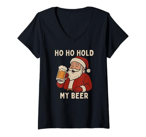 Damen Lustiger tropischer Weihnachtsmann mit Bier - Ho Ho Hold My Beer Christmas T-Shirt mit V-Ausschnitt Damen Lustiger tropischer Weihnachtsmann mit Bier - Ho Ho Hold My Beer Christmas T-Shirt mit V-Ausschnitt von Funny Tropical Santa Ho Ho Hold My Beer Christmas