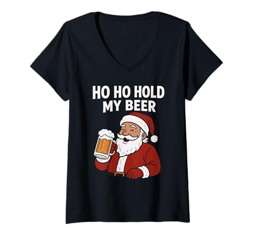 Damen Lustiger tropischer Weihnachtsmann mit Bier - Ho Ho Hold My Beer Christmas T-Shirt mit V-Ausschnitt Damen Lustiger tropischer Weihnachtsmann mit Bier - Ho Ho Hold My Beer Christmas T-Shirt mit V-Ausschnitt von Funny Tropical Santa Ho Ho Hold My Beer Christmas
