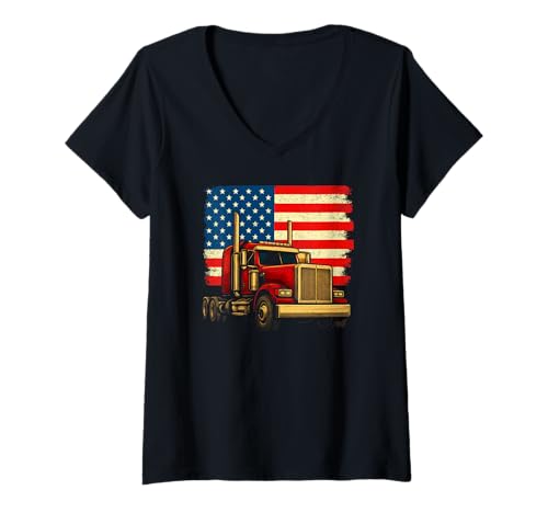 Damen Cool Truck USA Flagge Trucker Fahrzeug LKW Fahrer Herren Damen T-Shirt mit V-Ausschnitt von Funny Trucker Gifts Store Co.