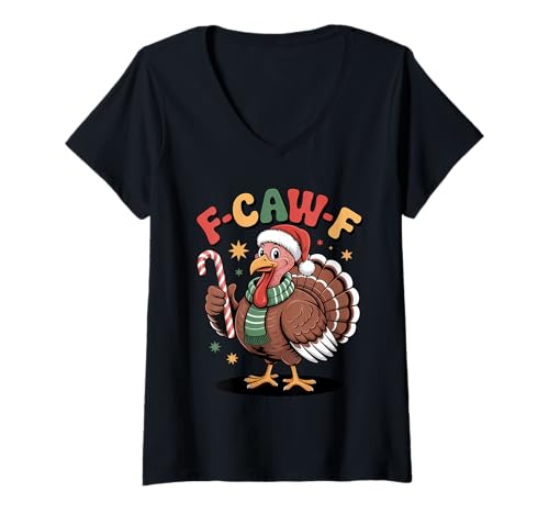 Damen F CAW F Truthahn Weihnachtsmannmütze Zuckerstange Urlaub T-Shirt mit V-Ausschnitt Damen F CAW F Truthahn Weihnachtsmannmütze Zuckerstange Urlaub T-Shirt mit V-Ausschnitt von Funny Turkey Christmas Thanksgiving Mashup Humor