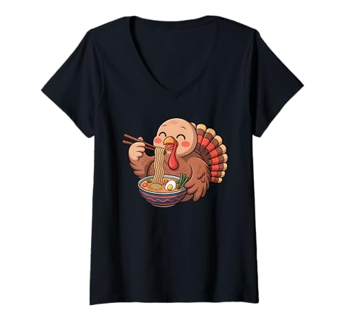 Damen Süße Truthahn isst Ramen Japanische Kawaii Vogelnudeln T-Shirt mit V-Ausschnitt von Funny Turkey Ramen Lover Apparel
