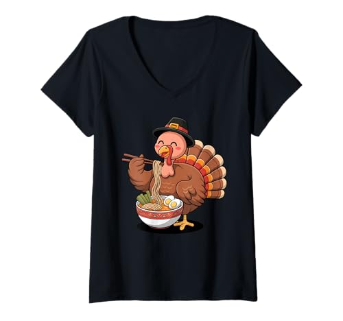 Damen Süße Truthahn isst Ramen Japanische Kawaii Vogelnudeln T-Shirt mit V-Ausschnitt von Funny Turkey Ramen Lover Apparel