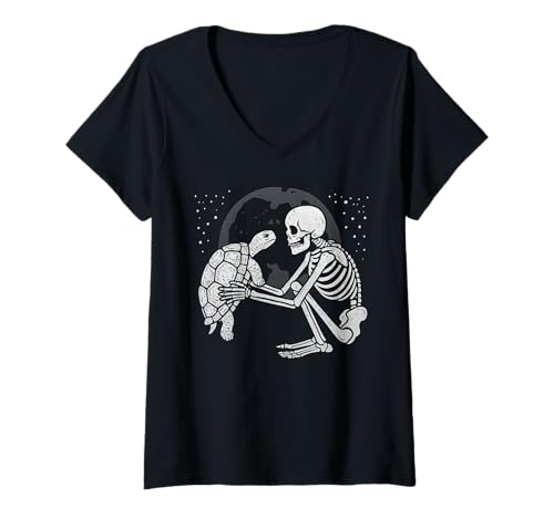 Damen Schildkröte, Skelett, Mond, Halloween, Reptilienliebhaber T-Shirt mit V-Ausschnitt Damen Schildkröte, Skelett, Mond, Halloween, Reptilienliebhaber T-Shirt mit V-Ausschnitt von Funny Turtle Gothic Reptile Designs