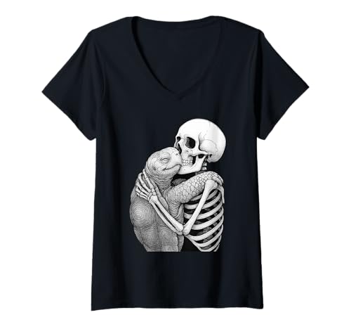 Damen Schildkröte Skelett Umarmung Halloween Reptilienliebhaber T-Shirt mit V-Ausschnitt Damen Schildkröte Skelett Umarmung Halloween Reptilienliebhaber T-Shirt mit V-Ausschnitt von Funny Turtle Gothic Reptile Designs