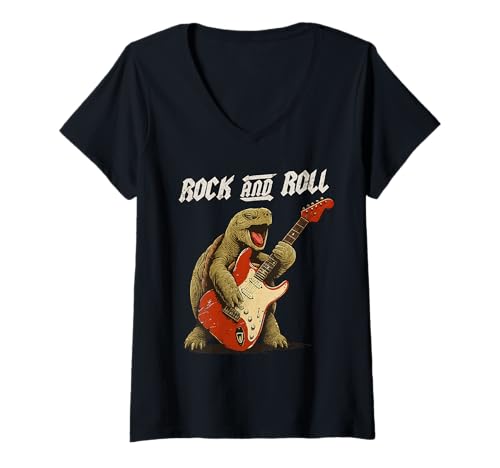 Damen Schildkröte spielt Gitarre Rock and Roll Reptilienliebhaber T-Shirt mit V-Ausschnitt Damen Schildkröte spielt Gitarre Rock and Roll Reptilienliebhaber T-Shirt mit V-Ausschnitt von Funny Turtle Rock Music Reptile Designs