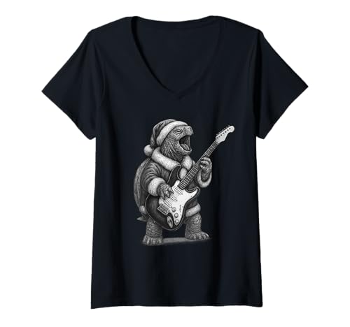 Damen Schildkröte spielt Gitarre Weihnachten Reptilienliebhaber T-Shirt mit V-Ausschnitt Damen Schildkröte spielt Gitarre Weihnachten Reptilienliebhaber T-Shirt mit V-Ausschnitt von Funny Turtle Rock Music Reptile Designs