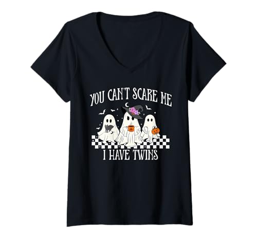 Damen You Can't Scare Me I Have Twins Halloween Twin Mom Schwangerschaft T-Shirt mit V-Ausschnitt von Funny Twin Mom Pregnancy Reveal Gift