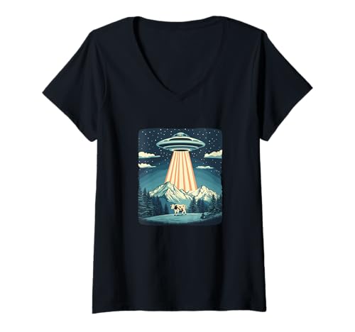 Damen Hübsche UFO-Kuh mit Bergen für Aliens und Kühe Liebhaber T-Shirt mit V-Ausschnitt Damen Hübsche UFO-Kuh mit Bergen für Aliens und Kühe Liebhaber T-Shirt mit V-Ausschnitt von Funny UFO Cow