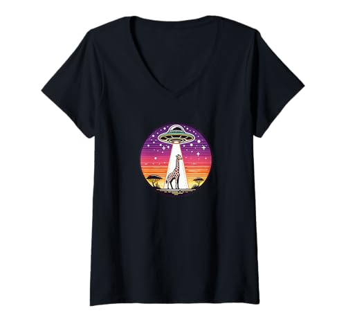 Damen Giraffe entführt Alien Spacecraft Weltraum Entführung T-Shirt mit V-Ausschnitt von Funny UFO Flying Saucer for Men Women Kids by Jess
