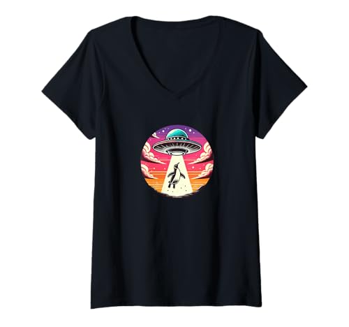 Damen Pinguin entführt Alien Raumschiff Weltraum Entführung T-Shirt mit V-Ausschnitt Damen Pinguin entführt Alien Raumschiff Weltraum Entführung T-Shirt mit V-Ausschnitt von Funny UFO Flying Saucer for Men Women Kids by Jess