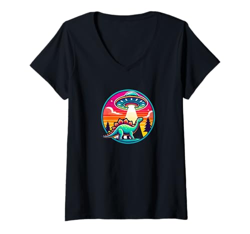 Damen Stegosaurus Dinosaurier entführt Alien Raumschiff Entführung T-Shirt mit V-Ausschnitt von Funny UFO Flying Saucer for Men Women Kids by Jess