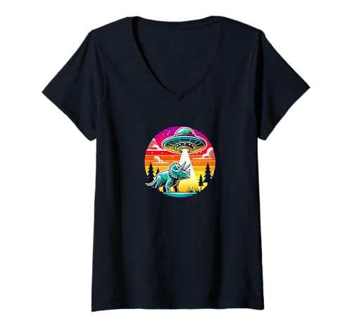 Damen Triceratops Dinosaurier entführt Alien Raumschiff Entführung T-Shirt mit V-Ausschnitt von Funny UFO Flying Saucer for Men Women Kids by Jess