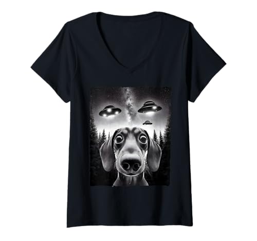 Damen Lustige Dackel Selfie UFO Begegnungen für Hundeliebhaber T-Shirt mit V-Ausschnitt Damen Lustige Dackel Selfie UFO Begegnungen für Hundeliebhaber T-Shirt mit V-Ausschnitt von Funny UFO Flying Saucer with Dachshund Dog