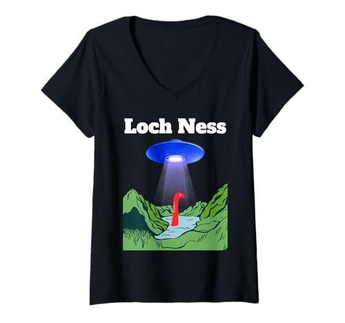 Damen Lustige UFO Loch Ness Fliegende Untertasse Monster Nessie Schottland T-Shirt mit V-Ausschnitt von Funny UFO Loch Ness Monster Nessie apparel