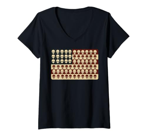 Damen Retro Alien Amerikanische Flagge Patriotische Sci Fi Liebhaber T-Shirt mit V-Ausschnitt Damen Retro Alien Amerikanische Flagge Patriotische Sci Fi Liebhaber T-Shirt mit V-Ausschnitt von Funny USA Flag Alien Head Extraterrestrial Science