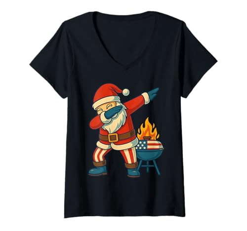 Damen Lustiges Dabbing Santa Grillen USA BBQ Weihnachten Urlaub T-Shirt mit V-Ausschnitt von Funny USA Holiday BBQ Santa Apparel