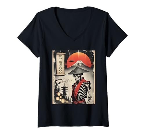 Damen Samurai Skelett Japan Alien UFO Lustige Japanische Vintage Kunst T-Shirt mit V-Ausschnitt Damen Samurai Skelett Japan Alien UFO Lustige Japanische Vintage Kunst T-Shirt mit V-Ausschnitt von Funny Ukiyo-e Manga Otaku Apparel