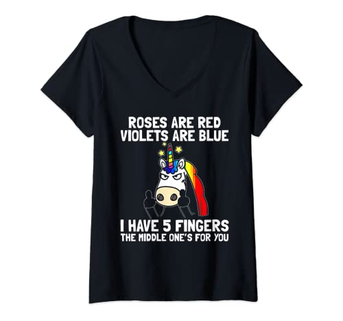 Damen Roses Are Red Violets Aare Blue I Have 5 Fingers Unicorn T-Shirt mit V-Ausschnitt von Funny Unicorn I Have 5 Fingers The Middle One Tee