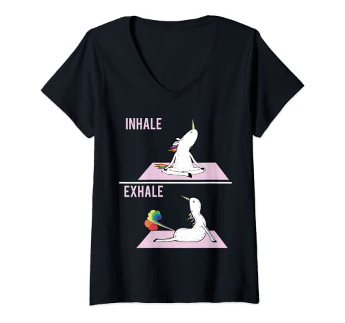 Damen Lustiges Einhorn Yoga Pose Inhale Exhale Furz Einhorn T-Shirt mit V-Ausschnitt Damen Lustiges Einhorn Yoga Pose Inhale Exhale Furz Einhorn T-Shirt mit V-Ausschnitt von Funny Unicorn Lover