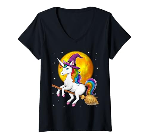 Damen Einhorn Hexe auf Besen reitend Halloween Gruselig Lustig T-Shirt mit V-Ausschnitt Damen Einhorn Hexe auf Besen reitend Halloween Gruselig Lustig T-Shirt mit V-Ausschnitt von Funny Unicorn Magical Rainbow