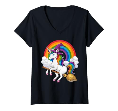 Damen Einhorn Hexe auf Besen reitend Halloween Regenbogen Gruselig T-Shirt mit V-Ausschnitt Damen Einhorn Hexe auf Besen reitend Halloween Regenbogen Gruselig T-Shirt mit V-Ausschnitt von Funny Unicorn Magical Rainbow