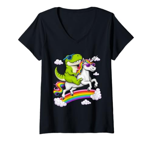 Damen t-rex Dinosaurier reitet Einhorn Regenbogen magische T-Shirt mit V-Ausschnitt Damen t-rex Dinosaurier reitet Einhorn Regenbogen magische T-Shirt mit V-Ausschnitt von Funny Unicorn Magical Rainbow